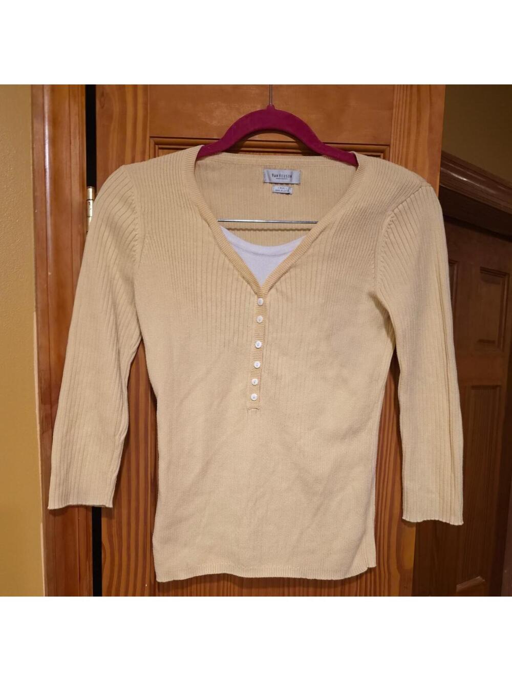 Van Heusen Women's Small Yellow Ribbed Button-Up Sweater made in japan 0070